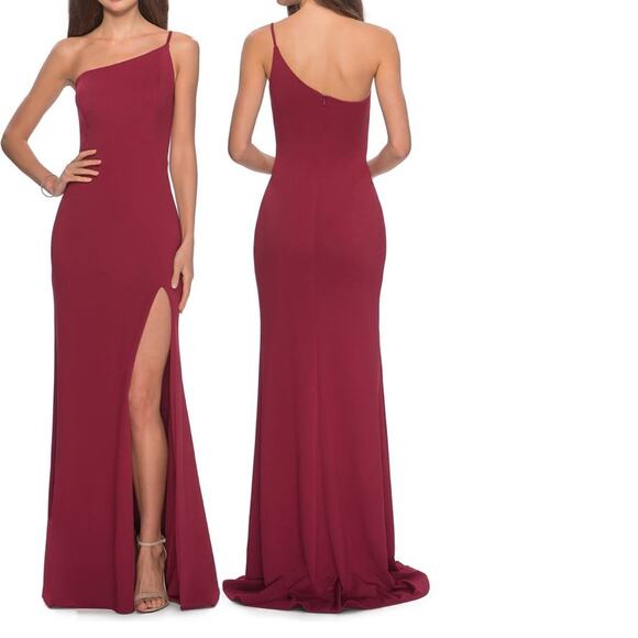 La Femme One Shoulder High Slit Jersey Gown Size 2 Burgundy Red - Picture 1 of 5